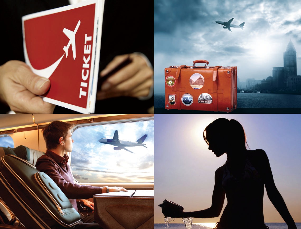 Collage de experiencias de viaje con boletos, vuelos y turismo.